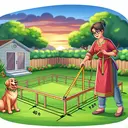 Illustrate a green lush backyard with a woman, identified as Sari of Caucasian descent with short brown hair and a red tunic, involved in the process of designing a rectangular dog run space. She is visualizing the space with a measuring tape marking 40 feet, and one side of the rectangle is clearly marked as eight feet. A beautiful sunset is visible in the background, and a friendly golden retriever waits eagerly nearby, ready to enjoy the new playground.