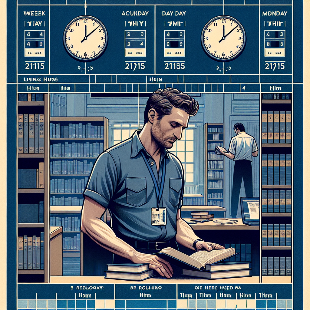 An illustration showing a male library assistant, Richard, with a Caucasian descent in a quiet, academic-style university library. He's putting books back on shelves. A visible clock shows the weekday and the time passage. A prominent calendar indicates the first three days of the week. Richard's work schedule is depicted visually — showing a tally of hours worked each day, totaling to 2115 hours. A blank space remains in the tally, symbolizing the remaining hours he needs to work to reach his 30-hour target for the week. Remember, all elements of the equation are to be visualized, but no text should appear in the image.