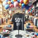 An image depicting a clothing store in the midst of a year-end sale. The store is decorated with vibrant colorful balloons and banners, indicating the sale. A shirt, stylish and attractive grabs the attention of customers, says 50% off on it. It's essential that the image does not have any text related to the mathematical equation or the price of the shirt.