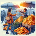 Create a vivid image of a market scene. It's a sunny day, bustling with activity. An illustration of a woman buying piles of oranges, nearly 312 in count, each representing a pound. The focus should be on the woman handing over money to the vendor, emphasizing the transaction. While there are other fruits and vegetables around, oranges should prominently dominate the scene. Please do not include any text in the image.