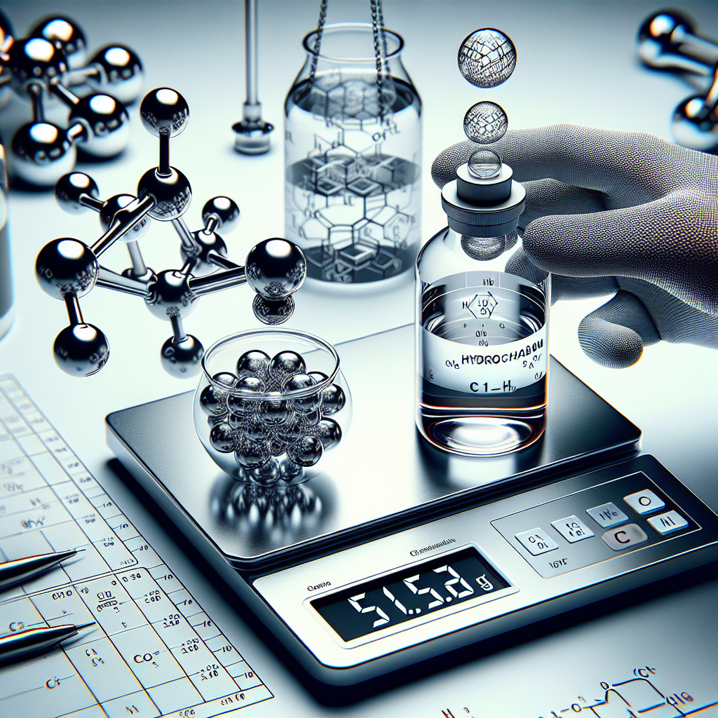 Create a detailed chemistry-themed image. In the foreground, show a pair of gloved hands holding a clear vial containing a translucent liquid representing a hydrocarbon sample. Nearby, display a digital weighing scale showing a reading of 51.2g to represent the sample's mass. On a nearby table, present a smaller glass container with a bubble-like shape containing a gas, symbolizing hydrogen, alongside another scale showing 12.8g. Make sure to represent an abstract formula CxHy using three-dimensional metallic geometric shapes where 'C' and 'H' are represented by cubes and spheres respectively, whereas 'x' and 'y' are left undefined.