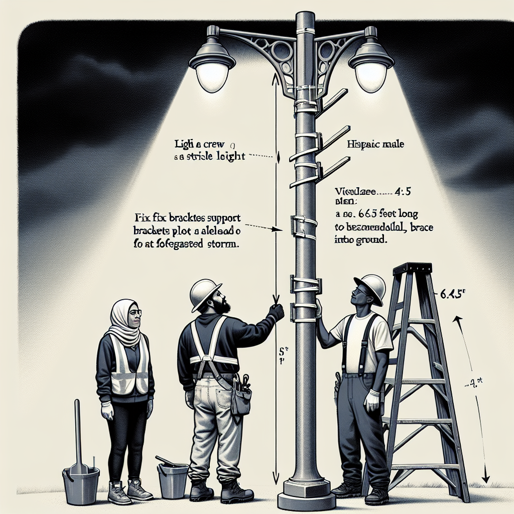 Illustrate a scenario in which a city crew is preparing to install support brackets on a streetlight pole ahead of a forecasted storm. The crew is composed of a Middle-Eastern female, Hispanic male and South Asian male, all in safety gear. The streetlight is vaguely cylindrical, towering above them. The plan is to fix brackets 4.5 feet from the base, each bracket being 6.5 feet long and extending diagonally to brace into the ground. Visualize a bracket held next to the lamp post showing the proposed installation. Remember, no text is to be visualized in the image.