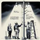 Illustrate a scenario in which a city crew is preparing to install support brackets on a streetlight pole ahead of a forecasted storm. The crew is composed of a Middle-Eastern female, Hispanic male and South Asian male, all in safety gear. The streetlight is vaguely cylindrical, towering above them. The plan is to fix brackets 4.5 feet from the base, each bracket being 6.5 feet long and extending diagonally to brace into the ground. Visualize a bracket held next to the lamp post showing the proposed installation. Remember, no text is to be visualized in the image.