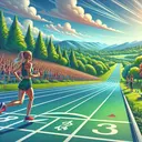 Create an image depicting a vibrant outdoor landscape with a marked running track. The track should be measured to represent 7/8 of a mile. Place a Caucasian female runner, Elena, dressed in athletic wear and mid-stride somewhere along the track. Indicate that she has covered nearly 2/3 of the course by a water station where she's stopping to re-hydrate. Include lush greenery, cheering supporters of various descents in the background, and a bright sunny day. Make sure the image does not contain any text or numeric representations.