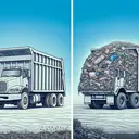Visualize an empty dump truck, designed in a detailed and interesting manner. The truck is completely clean and empty, parked in an open field with a clear sky. Now imagine another scene where an identical dump truck is filled with a visually estimated 15,300 pounds of assorted trash, amassed inside and at the back of the truck. The truck is again parked in the same field but with an upweight noticeable in the truck’s posture.