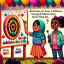 Create a vibrant scene at a school fair, showcasing two girls, Krista and Alexa engrossed in a game of balloon darts. Krista, a Middle-Eastern girl, is seen popping one of the many multi-colored balloons arranged on the dartboard. Alexa, a Black girl stands beside her, dart in hand, with a confident grin on her face. Illustrate the situation such that it indicates Alexa has popped one balloon more than Krista. However, ensure the actual count of the balloons is not visible to maintain the intrigue of solving the equation.