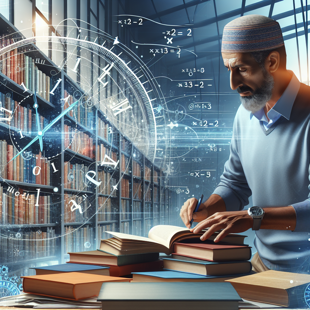 Illustrate a mature, Middle-Eastern man meticulously organizing various books on a library shelf within a well-light exterior of a university library. Provide a depiction of an abstract clock hovering in the background denoting the passing of work hours. But ensure the image does not contain any text of the mathematics equation.