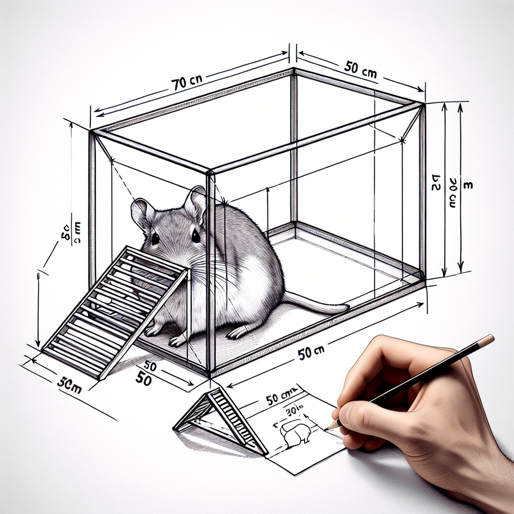 Create a detailed image of a rectangular prism-shaped cage that measures 70 cm in length, 35 cm in width, and 50 cm in height. Inside the cage, there should be a gerbil. Also include a ramp that fits diagonally in the cage, indicating that it is meant for the gerbil's exercise. The ramp, cage, and gerbil should all be in clear focus, but the image should not contain any text or numerical figures.