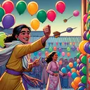 A vibrant scene at a school fair. In the foreground, a Middle-Eastern girl named Krista is seen throwing a dart at a wall filled with colorful balloons. She has a proud smile on her face as 5 deflated balloons lie at her feet. Close by, a South Asian girl named Alexa is mid-throw, aiming cleverly at the abundant, un-popped colorful balloons. On the ground near Alexa, there's an ambiguous number of deflated balloons. A lot of balloons hanging on the wall - a count clearly totaling more than 13 - adds to the jovial ambiance.