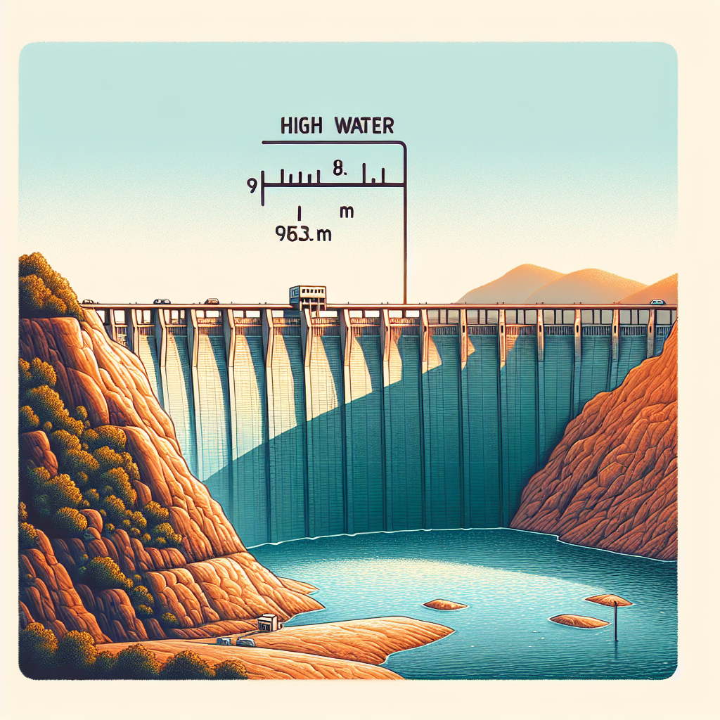 Create an appealing visual interpretation of a dam scene. Display a large body of water behind the dam structure. Indicate the high water mark with a line that shows a previous water level at 8.8 meters higher than the current level, which is 95.3 meters. The dam's edges are visible, as well as the dried out former water patches on the dam's walls due to recent water evaporation. The environment is hot, intensifying the sense of excessive heat which has caused the decrease in water level.