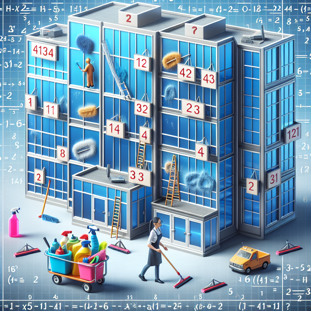 A scene visualizing the abstract concept of window cleaning in an algebraic problem. Show an array of office buildings, each with a distinguishable set of 21 windows and a larger school building with 42 windows. Display a window cleaner (an Asian woman) with her cart full of cleaning supplies including squeegees, cleaning solutions, and ladders, indicating she has enough supplies for a total of 126 windows but no more than that. Please ensure no text or numbers are visually depicted in the image.