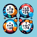 Create an image of four different equations presented visually as answer choices, with each one placed inside distinct bubbles. The equations are: the first equation, x plus 19 equals negative 5; the second equation, x subtract 6 equals negative 16; the third equation, x plus 25 equals 2; and the fourth equation, x subtract 7 equals 28. Please ensure the image has vivid colors and is without any text.