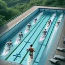 A visual depiction of a middle-aged Caucasian male, presumably named Sven, energetically swimming laps in a long, rectangular swimming pool. The pool, shimmering with blue water, is set against a lush, green landscape. The image captures the moment where Sven completes his fifth lap, as illustrated by four faded apparitions of Sven swimming previously to denote the completion of each lap. To show the length of the pool, a ruler-like scale is by the side of the pool, indicating 11 and one-third yards. Ensure the image contains no text.