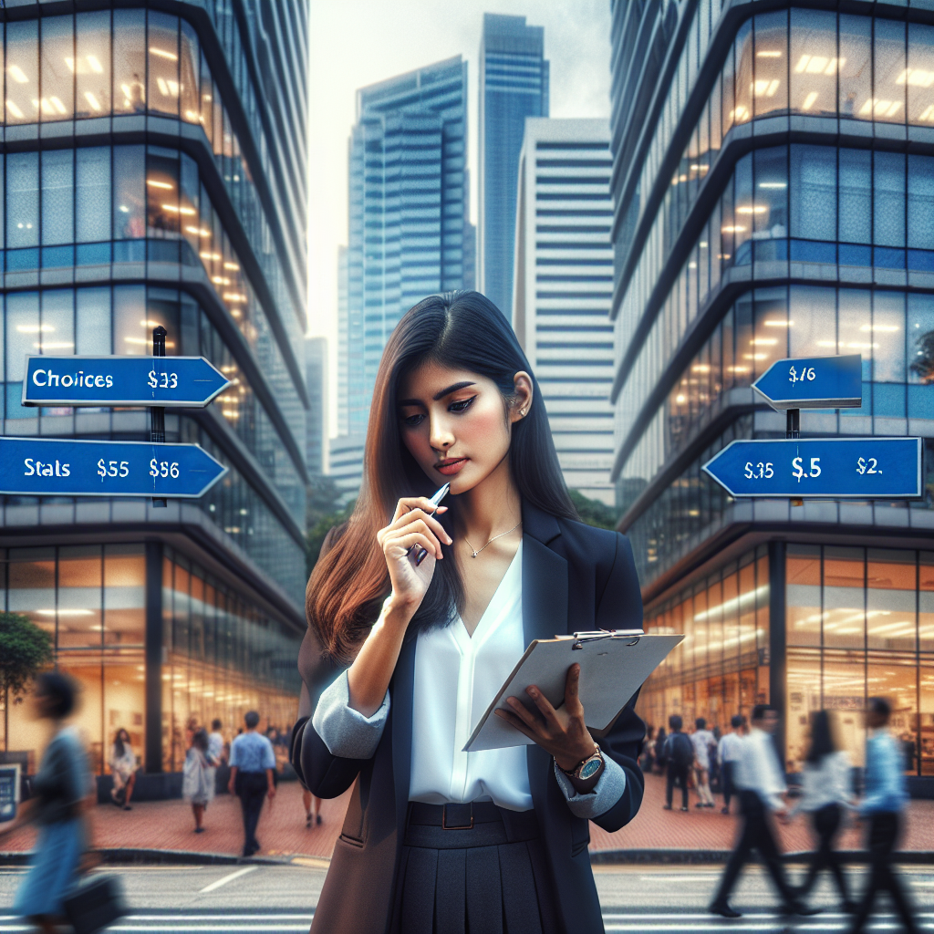 Generate an image depicting a scene of two office buildings, symbolizing the choices a recent business graduate has to make. The graduate, a South Asian woman named Chels, is standing in front of these buildings in business casual attire, contemplating the pros and cons of each. She holds a pen and a notepad, where she's written down the starting salaries and terms of employment offered by each firm. The image shows her deep in thought as she tries to balance her options. Add the ambiance of a busy city around her with people of diverse descents and genders going about their day.