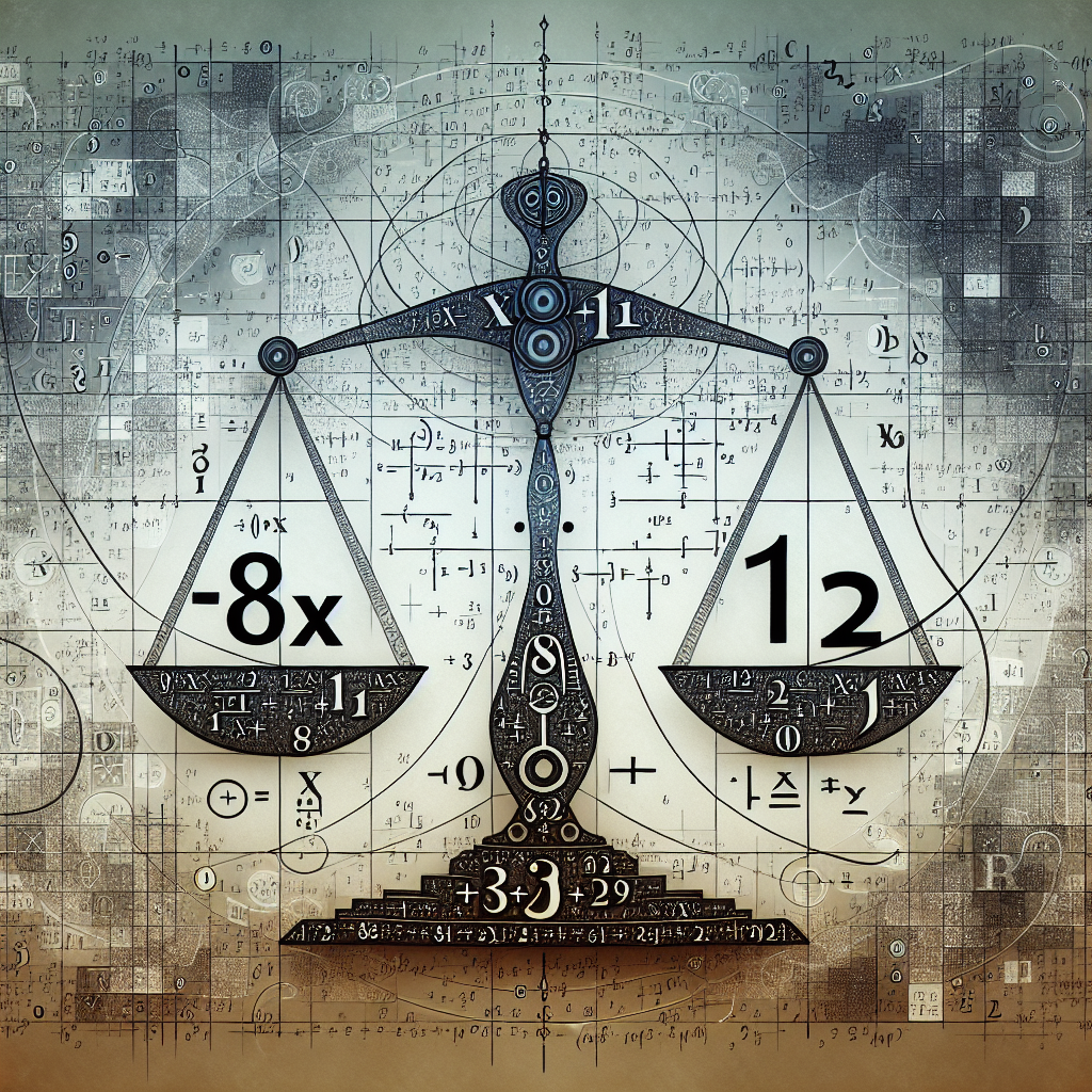 Imagine an avant-garde, mathematical art style image, full of geometrical shapes and abstract figures. In the center, meticulously depict a giant balance scale in equilibrium; on one pan, place the numbers and symbols of '-8x', '+13'. On the opposite pan, set '−19'. Alongside this main object, lightly fill the background with faint equations and mathematical symbols. Do not include any text apart from the numbers and symbols in the equation.