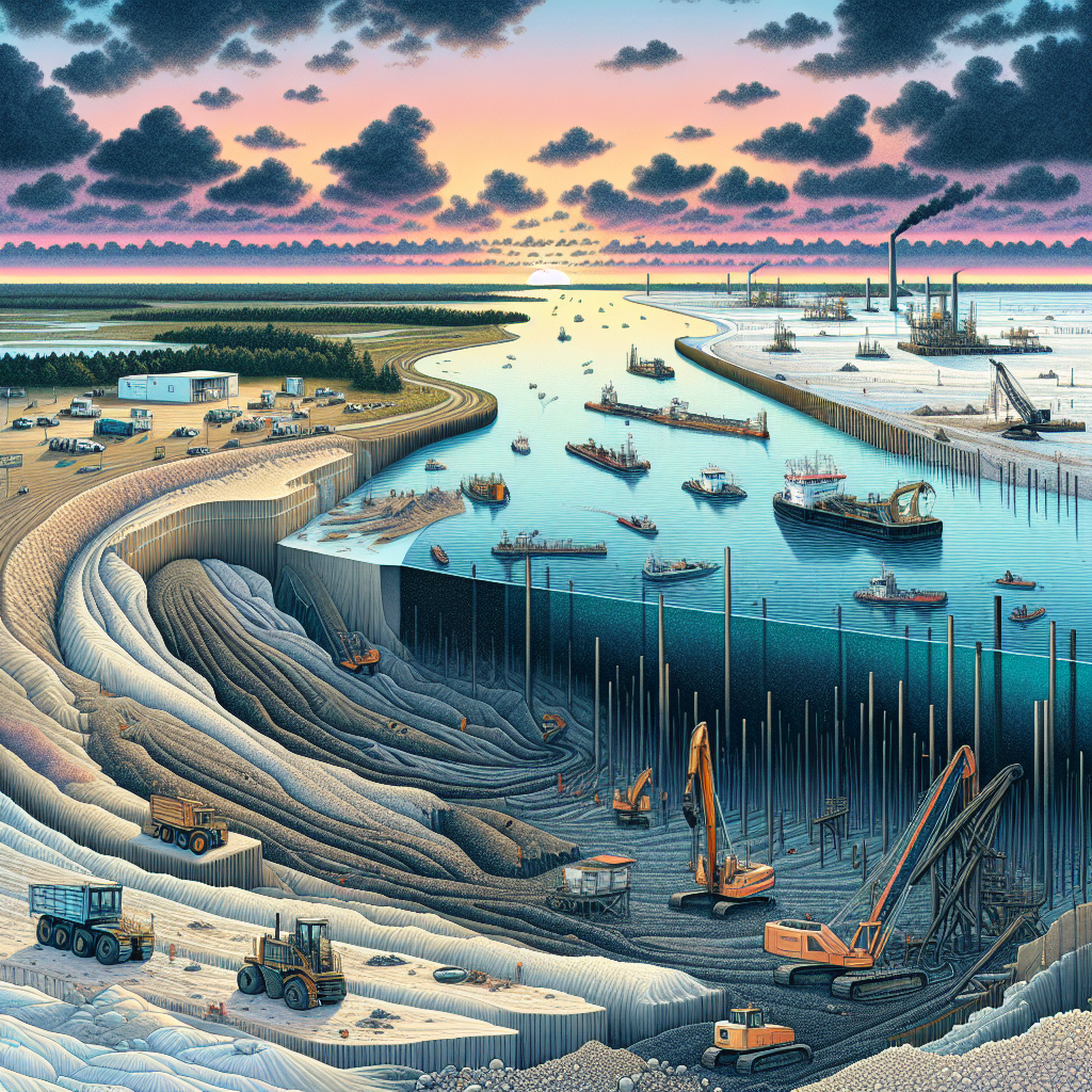 Generate a detailed image that features the aftermath of dredging, showing some of its impacts such as altered landscapes and potential habitat fragmentation. The illustration includes a waterbody whose shape has been affected by the operation. The horizon displays sediment deposits in unnatural build-ups. A variety of machines and equipment used in the dredging process are evident in the background, though it's all clear that the operation has ceased. The sky above is a mix of twilight colors indicating an uncertain future for the affected environment. The composition is inviting, yet subtly highlighting the environmental implications.