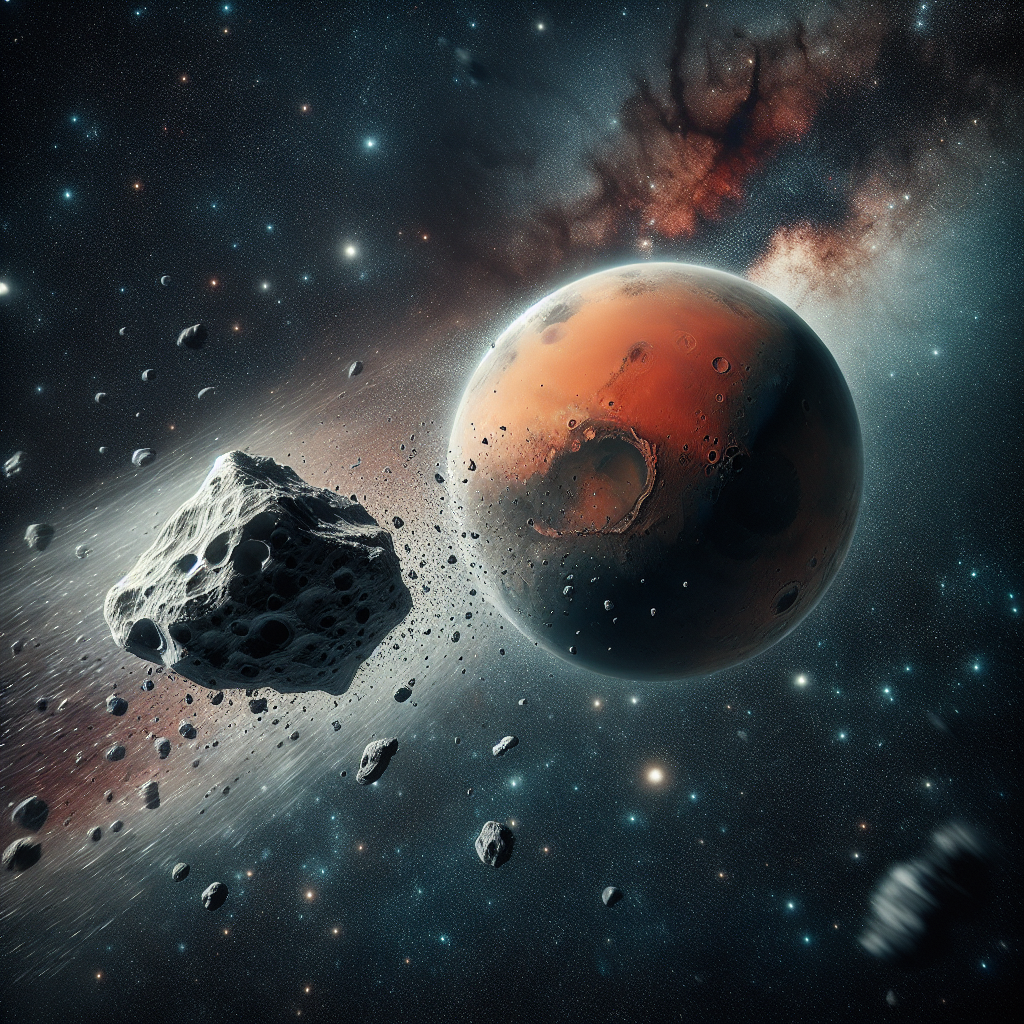 Create a striking image of a vast, deep space with billions of stars scattered across the darkness. In the center of this spatial expanse, Mars, depicted as a red, dusty planet with visible craters and valleys, glows against the dark background. Approaching Mars from the right is an asteroid, streaked with shades of gray and black, with small pieces breaking off as it hurtling through space. The asteroid is shown in motion, leaving a faint trail behind, emphasizing its speed and imminent collision. Note that there should be no text in the image.
