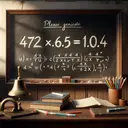 Please generate a captivating image to complement a mathematical equation. The scene should show a traditional blackboard with a wooden frame, placed in a sunlit classroom. On the board, visualize the equation 4.72(x−6.56)=10.4 using white chalk with no words, text, or numerals. The chalk lines must be consistent and vivid, standing out against the dark, dusty blackboard. Also, include hints of a teacher's wooden desk in the foreground, decorated with a vintage brass bell, a bunch of colorful pencils, and a stack of books. Remember, the image should not contain any text or numbers.