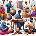 Illustrate a vibrant cultural scene depicting a diverse group of people engaged in various forms of traditional arts and crafts. Show a South Asian woman weaving a colorful textile, a Black man carefully chiseling a wooden sculpture, a Hispanic woman painting a traditional ceramic pot, a Middle-Eastern man crafting an intricate metalwork piece, and a Caucasian man blowing a glass vase. Make sure that all the art pieces reflect the distinct cultural heritage of their makers. Use vivid colors and avoid text in this image.