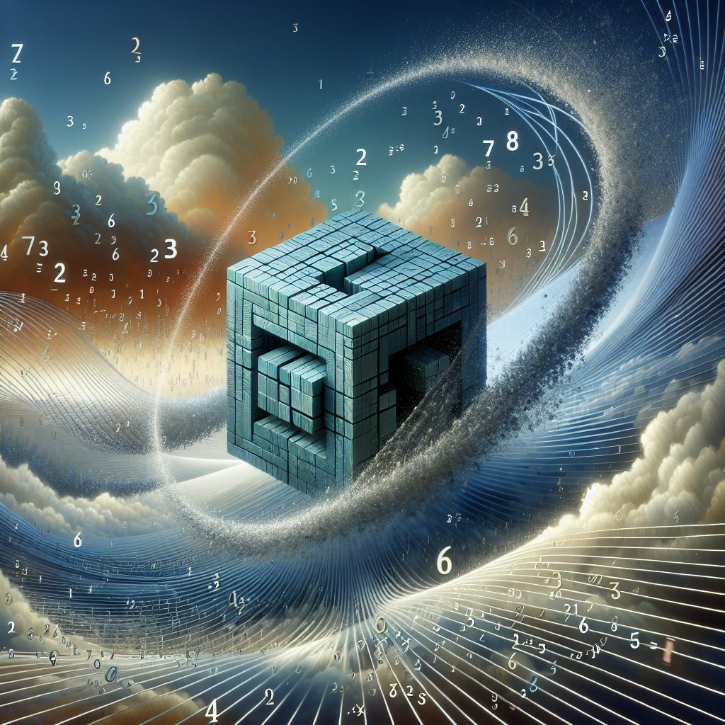An abstract representation of the mathematical concept where a three-dimensional object representing 'x', the variable, is surrounded by a heavenly landscape. This scene depicts the variation of cube roots, represented by the cube being divided into smaller cubes, on a number line that's wrapping around in a spiral form. The smaller cubes are pushing out from the large one, implying the process of extracting roots. In the background, a flurry of numbers is fluttering down like leafs in an autumn breeze to represent the subtlety of calculations. The equation 'x3−9=6' is not included in text within the image.