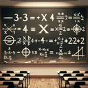 Imagine a simple and clean classroom setting. In the scene, write on a large wooden chalkboard an equation -3 equals x divided by 4 plus 2. Below the equation, add four distinct 'steps', each represented with a different symbol: a 'minus' symbol, a 'multiply' symbol, a 'plus' symbol, and a 'divide' symbol. Each symbol needs to be subjective, mystical, and abstract. The image should not contain any specific numerical values associated with the steps. The overall tone should be academic yet engaging, appealing to a wide age range of students.