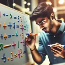 Create an engaging and relevant image that complements the thought process behind solving a mathematical equation. The image should visualize a young South Asian man named Beejal, focused and intent, as he works on the equation on a blank whiteboard using colorful markers. His initial move involves adding a number to both sides of the equation, represented by plus signs, and then constructing a multiplication symbol for the next step. The atmosphere should be brightly lit, reflecting the process of knowledge discovery and learning. Remember, the image should contain no text, only visualizations of the mathematical process.