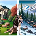 Create an image portraying a dichotomy between two contrasting settings. On one side, depict a civilized sunny Californian landscape with a commodious mansion and lush greenery. On the other side, show an untamed, frigid wilderness of Alaska with snow-clad mountains and dense forests. Also illustrate a strong, mixed-breed canine at the border of these two worlds, symbolizing Buck from 'The Call of the Wild'. The dog should appear torn between the comfort of civilization and the appeal of the wild.