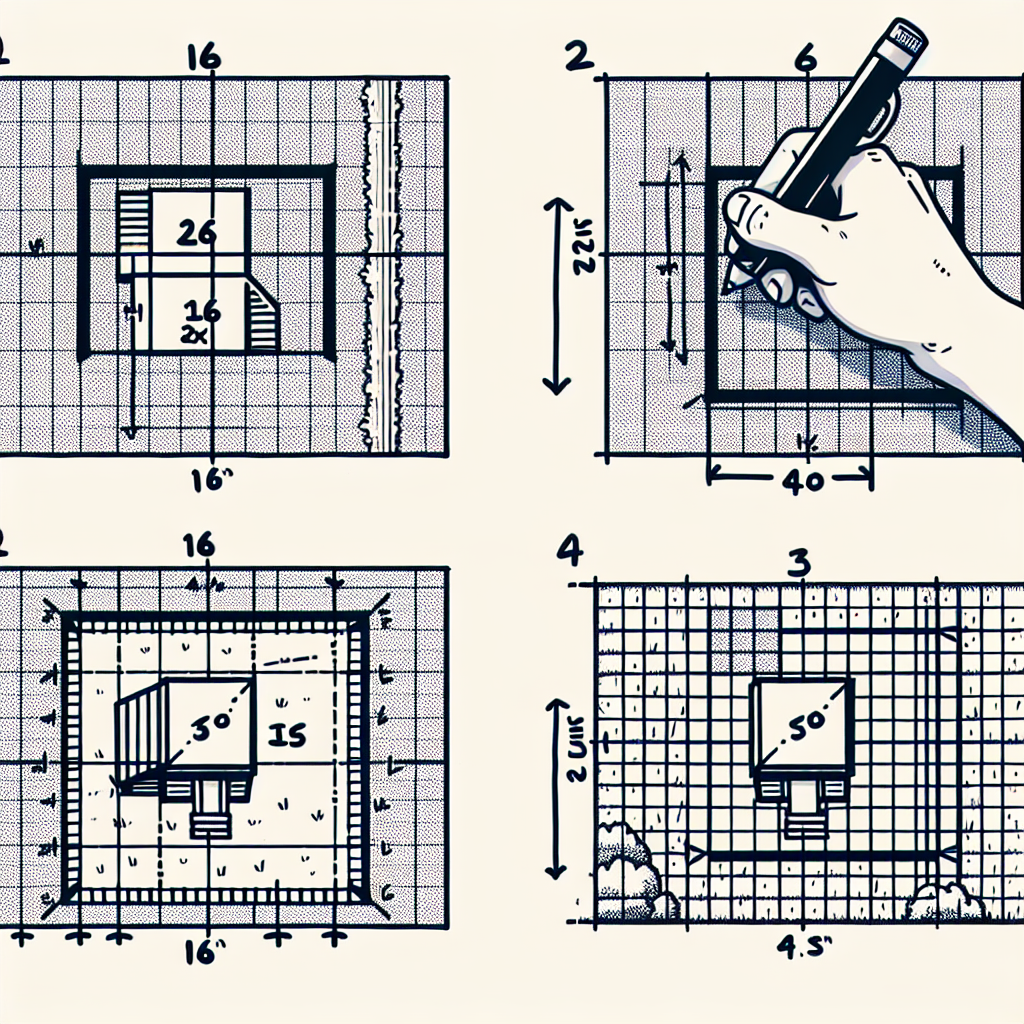 Create a clear and significant image to depict a scaling concept, without any text. Picture a grid illustration with four sections, each indicates a different scaled parcel of a yard. In the first section, show a grid with a rectangle drawn on it, 16 units long and 12 units wide, using markings only. For the second section, depict a rectangle that is 4 units long and 3 units wide on a similar grid. In the third area, illustrate a rectangle that measures 6 units in length and 3 units in width on another grid. The grid of the fourth section should be empty.