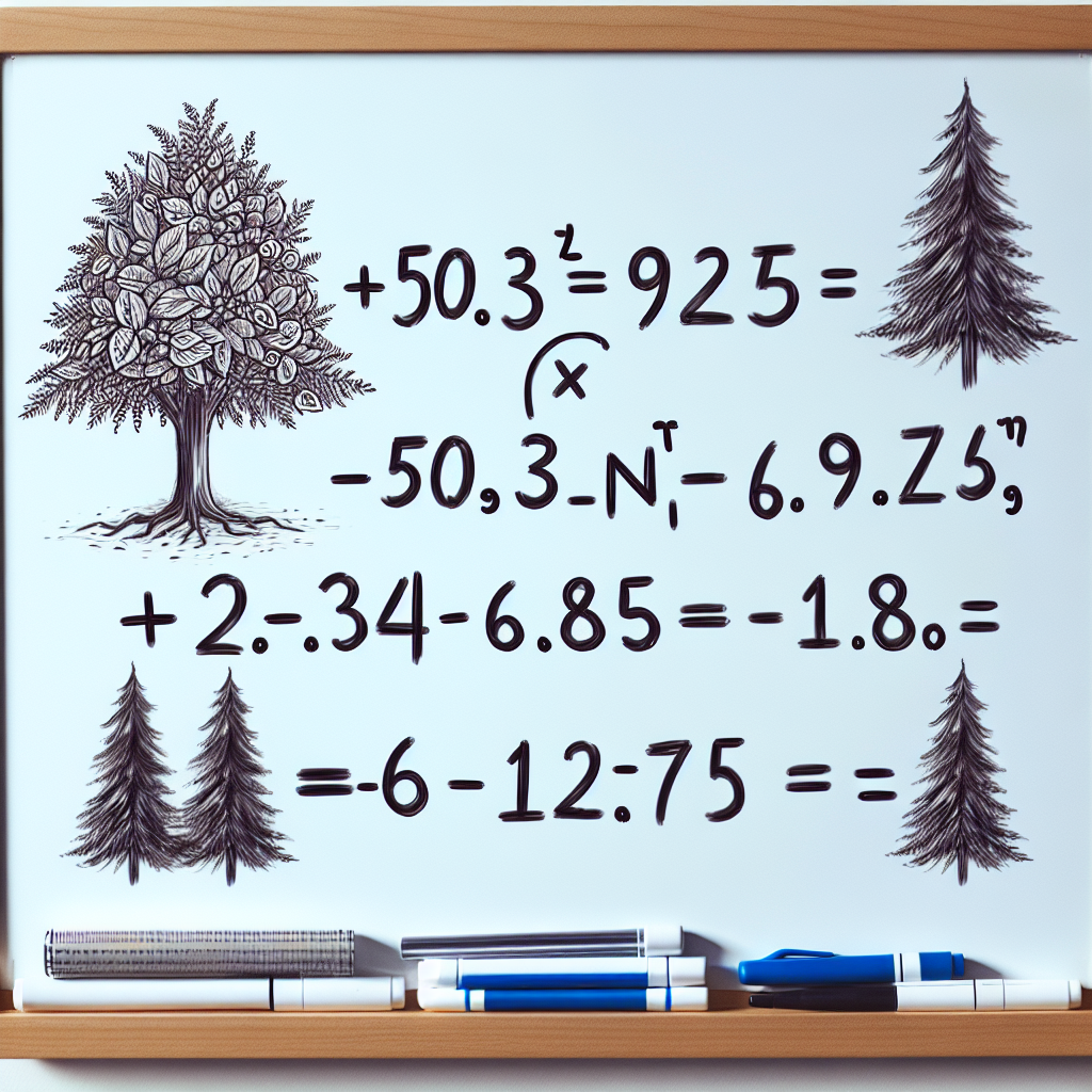 Create an image showing a hand-written mathematical equation written on a whiteboard. The equation is '50.3(n+9.25)=-120.72'. Also, display four possible answers out of which three are negative and one is positive. The numbers are -2.4, 6.85, -11.65, -6.85. Remember to conceptualize the image without any textual hints of the equation or the numeric options.