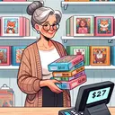 Illustrate an elderly woman standing in the middle of a toy store, looking positively at a shelf filled with jigsaw puzzle boxes. She is Caucasian with grey hair styled in a bun, wearing glasses and a cozy sweater. In her hands, she carries six colorful boxes of puzzles. The price tag on the shelf shows $0.50 discount. Portray all the depicted puzzles as being of different images to indicate variety. The background should have a cash register with the total cost display reading $27.
