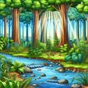 Depict a serene forest scene with varying layers of vegetation to represent undergrowth. Include tall, healthy trees with a few releasing seeds after exposure to heat, possibly represented by sunlight penetrating the thick canopy. A clear blue stream of water should be incorporated adding to the beauty of the scene. Show a variety of plants benefiting from the increased water supply and local animals drinking from the stream or resting in the shade. Somewhere, subtly illustrate a few insects or pests being exterminated by the sunlight's heat.