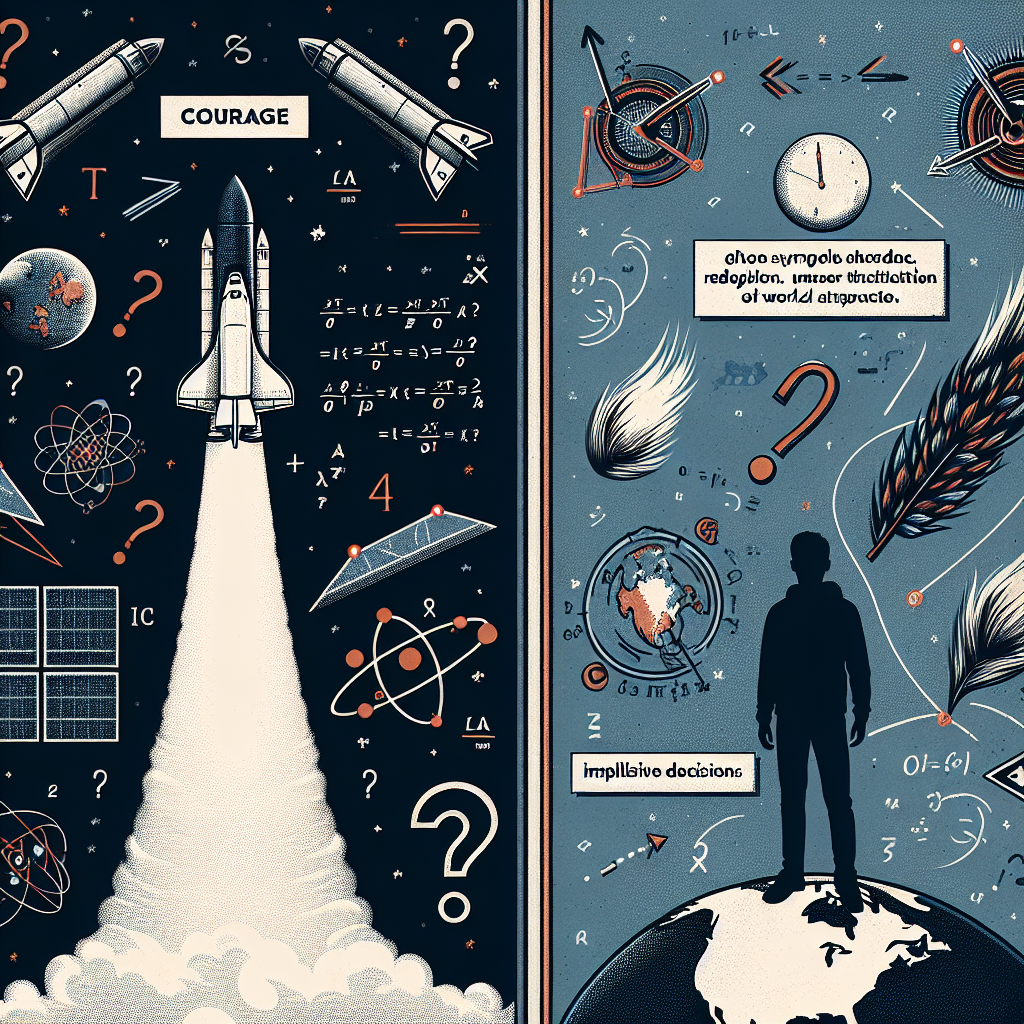 An educational image featuring two distinct scenes. In the first scene, illustrate a space shuttle in outer space with trails of mathematical equations and symbols orbiting it, symbolising its intended trajectory. No text or question to be visualised in the scene. In the second scene, depict an individual standing on a globe, symbolising world impact, surrounded by symbols of courage, rebellion, impulsive decisions, and vengeance. Ensure that both scenes are presented without any question or textual context.
