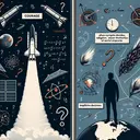 An educational image featuring two distinct scenes. In the first scene, illustrate a space shuttle in outer space with trails of mathematical equations and symbols orbiting it, symbolising its intended trajectory. No text or question to be visualised in the scene. In the second scene, depict an individual standing on a globe, symbolising world impact, surrounded by symbols of courage, rebellion, impulsive decisions, and vengeance. Ensure that both scenes are presented without any question or textual context.