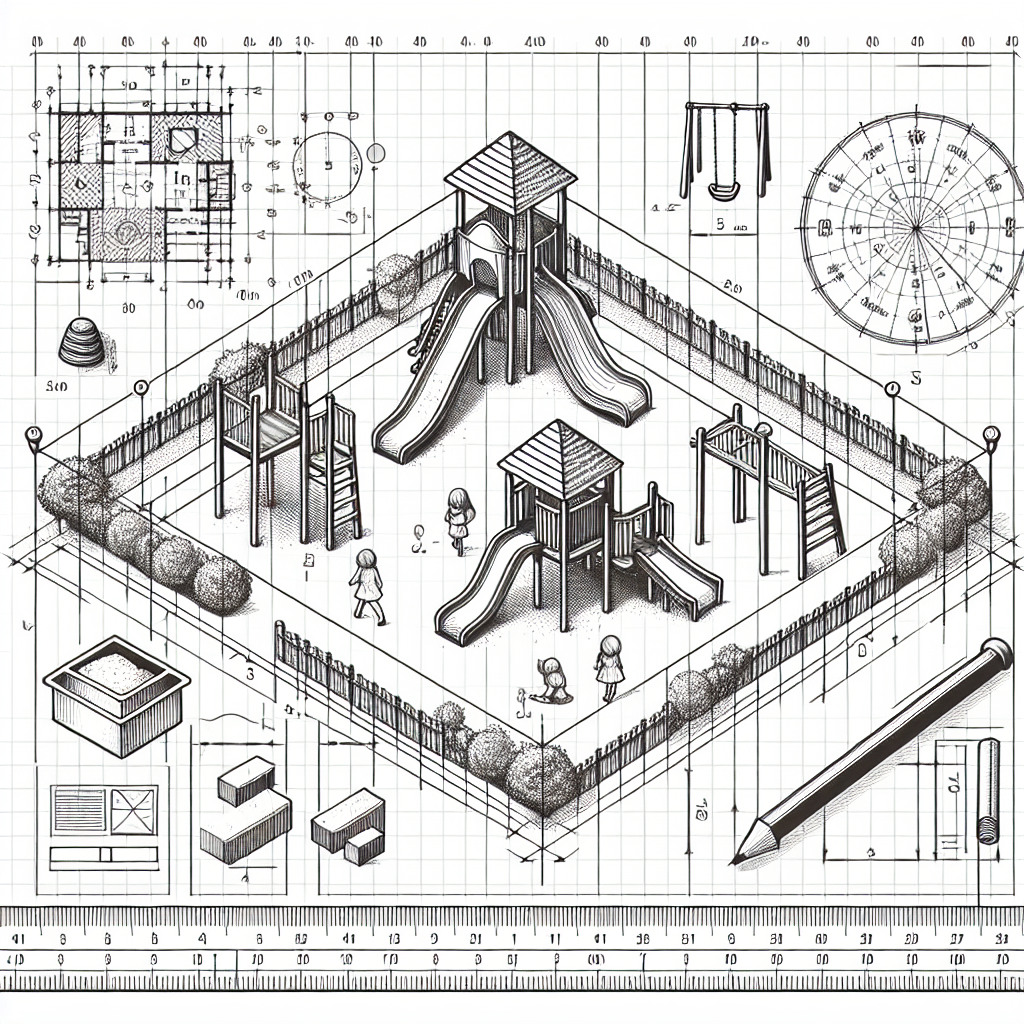Create a detailed image of a scale drawing of a playground, originally plotted on an imaginary grid where each box represents 5 meters. Now, rescale the playground diagram so that each box represents 20 meters. The playground should include a variety of typical features such as slides, swings, see-saws, a sandbox, and other playground equipment. Please remember to not include any text or numbers in the image.
