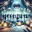 Create a vivid and appealing image of a winter school dance. Show a glittering disco ball, held from the previous year, suspended from a high ceiling, reflecting soft sparkles onto the dance floor where students are energetically dancing. Show silhouettes of teens in formal attire. There are twinkling holiday lights adding to the ambiance and snowflakes decorations hanging from the ceiling. The budget papers are shown on a table nearby, illustrating expenditures but without text. The entire scene captures the excitement and anticipation for the dance.