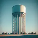 Generate a detailed image of a water tower standing tall against a clear blue sky. The tower should be cylindrical in shape with a height significantly greater than its width. The tower's height should be visually depicted as being approximately 25 meters and its width approximately 16 meters. The structure should showcase the shadows and reflections of surrounding elements, allowing for the depth and dimensions of the tower to be fully appreciated. The tower's body should appear sturdy and robust, capable of storing a large volume of water. Ensure that the image does not contain any text.