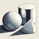 Illustrate an image that showcases a geometric display of a sphere, a cylinder, and a cone sit next to each other. All three shapes should share the same radius and the cylinder and the cone should possess the same height, which is twice the radius. The objects should be rendered in a clear, precise manner, highlighting their shared characteristics and differing shapes.