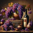 Generate an attractive still life painting in the style reminiscent of 19th century European art, specifically using the medium commonly employed by Old Masters like still life oil painting. The focal point of the composition should be a bunch of juicy, perfectly ripe grapes. The grapes should be a rich purple color, so juicy and lifelike they appear to be bursting with flavor. Near the grape bunch, incorporate some aesthetically pleasing Spanish-themed elements such as an old Spanish wine bottle or a piece of traditional Spanish pottery. Display this items on an old, rustic wooden table.