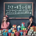 Create an attractive image conceptualizing the given situation. The scene shows a math equation inscribed on a blackboard where the variable 'd' falls in the range between a stack of 25 dollar bills and a pile of 100 dollar bills. There are two children there, a Hispanic girl and a Middle Eastern boy who seem to be in thought about the solution. Beside them, display a selection of various presents ranging in price. Some presents are unwrapped, while some are wrapped in colourful festive paper with ribbons and bows. Remember not to include any text in the image.
