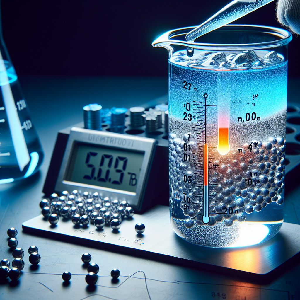 Create an image depicting a thermal physics experiment. Show a small quantity of alloy cooling down, while, contained in a separate beaker, a quantity of water is warming up. Use visual cues to indicate the temperature shifts, perhaps by showing the alloy color fading while the water's color deepens. Equip the scene with a thermometer to measure the change in temperature for both the alloy and the water. Avoid including any text, let it be a purely visual depiction of a physics experiment.