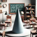 Imagine an intricate 3D scale model standing on a smooth, white, solid-surface table. At the center of the scene stands a well-constructed and perfectly shaped cone. This cone is precisely engineered with a diameter of 6 inches and a height of 7 inches, cast in a soft shade of pastel blue. It's surrounded by a detailed miniature of a classroom with blackboards, wooden desks, and bookshelves. The ambiance is calm and inviting, resembling the quiet hush of a classroom eager for the solution of a geometry problem.