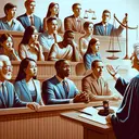 Illustrate an image reflecting the importance of jury service in the judicial system. The image should include a symbolic representation of a jury box, with various people of different genders and descents - Caucasian, Black, South Asian, Hispanic, Middle-Eastern, and White - meticulously listening to a court proceeding. The judge, an Asian woman, and the lawyers, a Black man and a Middle-Eastern woman, are passionately discussing the case. The balances of justice and a gavel are prominently depicted, symbolizing fairness and legality. The overarching ambiance should convey a sense of solemn responsibility and civic duty.