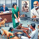 Create an impactful scene showing the interior of an underfunded animal shelter. It should depict the struggle of staff members - a Middle-Eastern woman and a South Asian man - trying to provide care for needy dogs and cats with extremely limited resources. To the side, illustrate a government official, a Caucasian man, apathetically signing documents. In contrast, create an image of Mahatma Gandhi, compassionate and kind, feeding stray animals in the background.