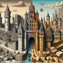 Create a detailed interpretation of historical progression, divide the image in half. On the left-hand side, depict a classic medieval castle with tall stone towers and a drawbridge, surrounded by a moat, symbolizing the feudal system. On the right-hand side, originate a vibrant Renaissance cityscape, filled with architectural buildings with arches and domes, bustling markets, and people engaging in commercial activities, reflecting the Renaissance era. These two contrasting depictions should clearly reflect the transition from the Medieval period to the Renaissance.
