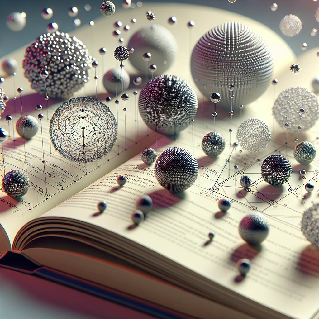An educational illustration depicting various spheres with different sizes scattered on an open book. Each sphere is symmetrically perfect, shimmering under the ambient light. The positions of each sphere indicate the aspect of comparison and evaluation. An abstract visualization of mathematical algorithms swarms a tiny part of the scene, implying the calculation process. The scene doesn't contain any text.