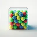 Visualize a transparent container filled with tennis balls. NOTE: The tennis balls shouldn't all be the traditional green, but instead a collection of diverse hues - perhaps some are blue, others red, maybe a few yellow ones too. The multicolored balls are scattered randomly inside the container, making for a dynamic and vivid presentation. The container is situated in an empty void of clean, white space, providing a high contrast background that accentuates the vibrancy of the balls.