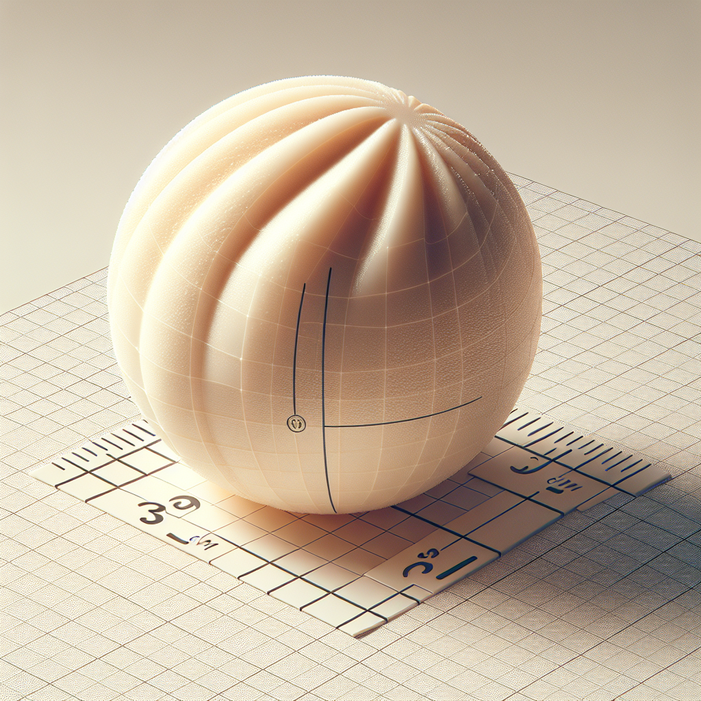 An aesthetically pleasing detailed 3-dimensional illustration of a creamy, perfectly spherical ice cream scoop, having a radius of 3 cm. The ice cream scoop should exhibit realism with visible texture expressing its creamy and smooth nature. The scoop lies on a surface with its shadow visible beneath. There should be a visual hint or representation of measurement, perhaps a transparent rule or grid overlaying, but importantly, the image must be free of any text or numerical representations.