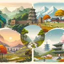 Illustrate a serene landscape where India, China, Korea, and Japan are represented as different parts of the landscape. Begin with an Indian setting, perhaps a lush jungle with a historic temple, then transition to Chinese landscape such as terraced rice fields with a Great Wall-like structure in the distance. Then depict a Korean setting with its beautiful hanok houses amidst autumn leaves, and finally, transition into a Japanese scenery with cherry blossom trees and an ancient shrine. Ensure all are subtly infused with elements of the same belief system, symbolizing the spread and cultural unity, but without explicitly stating the belief system.