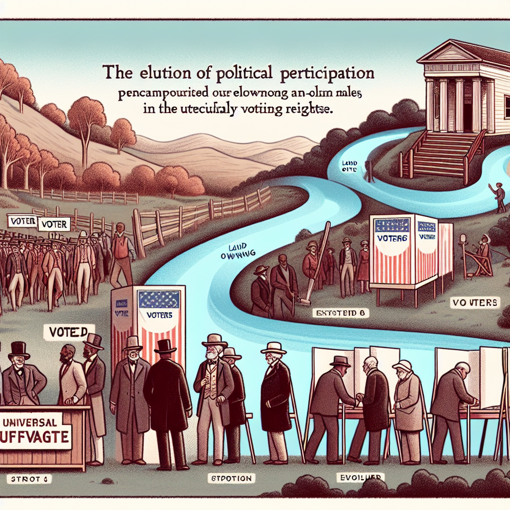 Illustrate an image that metaphorically represents the evolution of political participation, particularly voting rights, in the United States, without any text. Start with a scene from history depicting a limited group of voters, characterized by land-owning males, to show the restrictions that existed. Then transition towards a modern voting booth, symbolizing the universal suffrage. Remember to imbed the elements of change and progress such as a path, or waves or an evolution ladder.