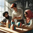 Illustrate a dynamic scene of an energetic classroom with diverse students: a Middle-Eastern boy and a Hispanic girl, both in their mid-teens, engaging in an in-depth study of solid geometry around a wooden table. They focus on three hand-made models placed before them: a brightly painted cone, cylinder, and sphere, all made of wood. The students show high interest and curiosity while examining the models. The atmosphere is calm and focused with sunlight streaming in through large windows. The chalkboard in the background features hand-drawn diagrams of the solids but contains no text.
